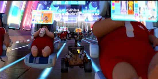 皮克斯动画工作室拍摄的《机器人总动员》的剧照。在这部动画片描绘的未来世界,人们因为过度依赖技术成为大胖子,失去了行走能力 皮克斯动画工作室拍摄的《机器人总动员》的剧照。在这部动画片描绘的未来世界,人们因为过度依赖技术成为大胖子,失去了行走能力