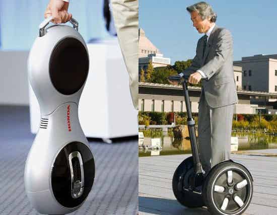 左侧的照片展示了折叠后的Uni-Cub。右侧的照片中,日本前首相小泉纯一郎体验个人移动工具Segway 左侧的照片展示了折叠后的Uni-Cub。右侧的照片中,日本前首相小泉纯一郎体验个人移动工具Segway