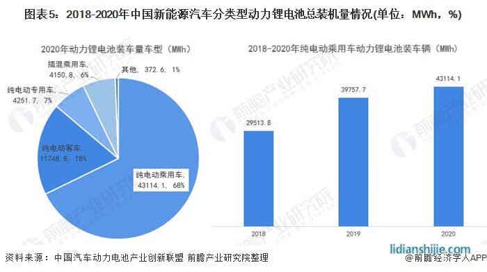 图表5：2018-2020年中国新能源汽车分类型动力锂电池总装机量情况(单位：MWh，%)