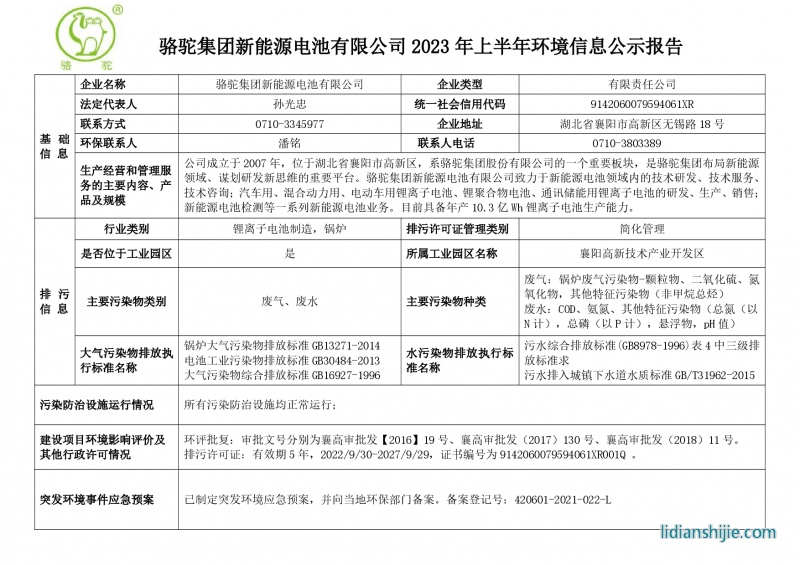 骆驼集团新能源电池有限公司2023年上半年环境信息公示报告