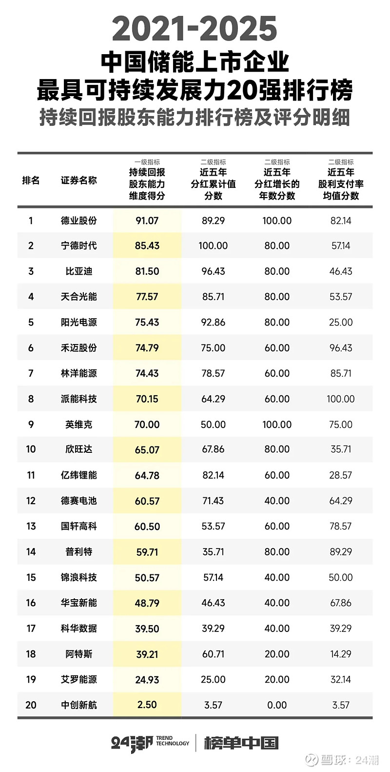 中国储能最具可持续发展力20强排行榜